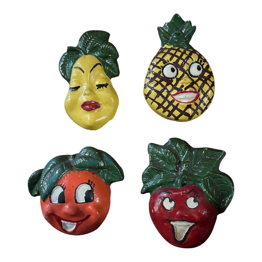 Vtg Anthropomorphic Fruit Chalkware Wall Plaques Set of 4 Kitchen Decor MCM